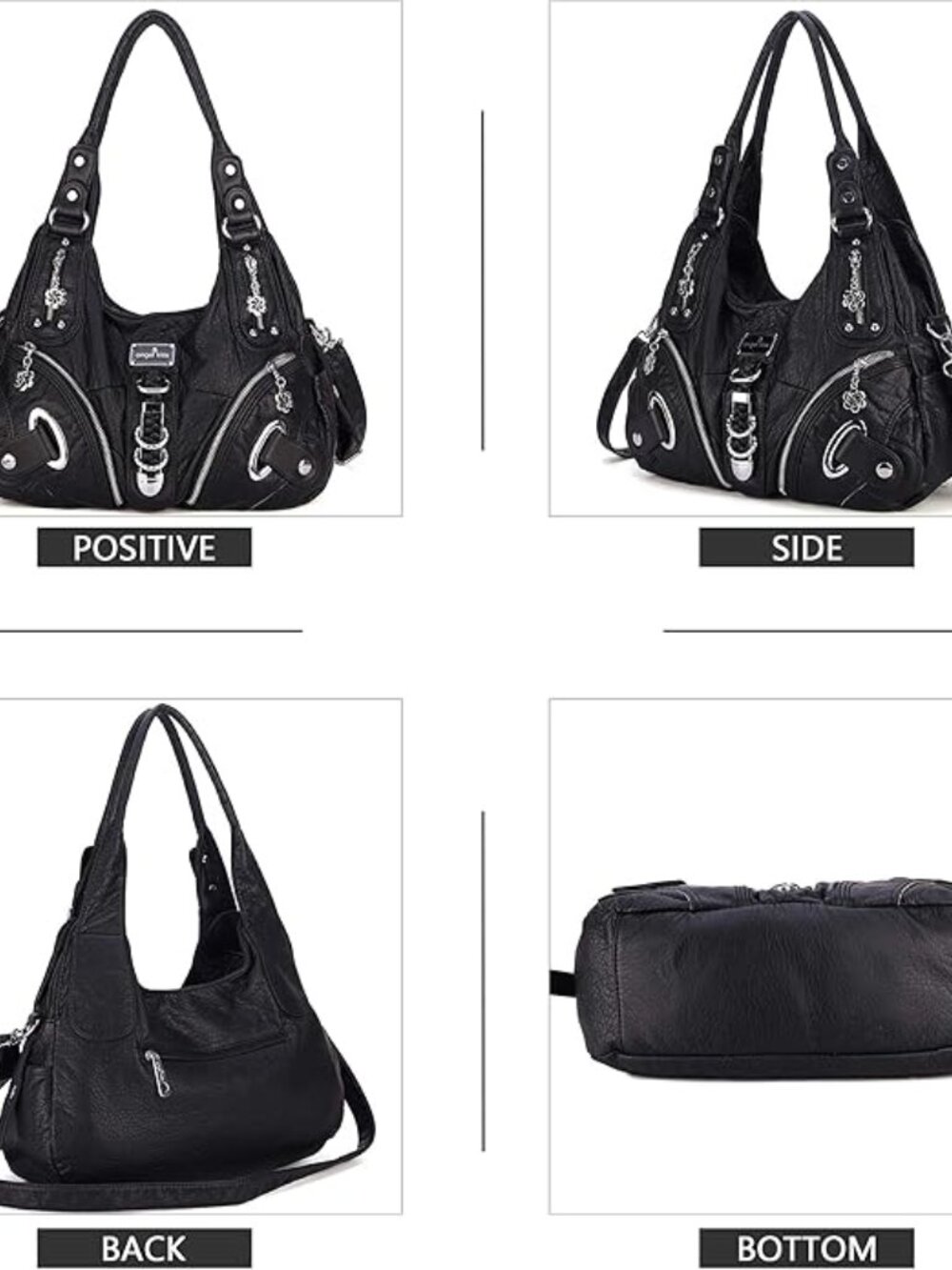 Elegant Black Shoulder Bag, Angelkiss, Soft Vegan Leather - Picture 5 of 6